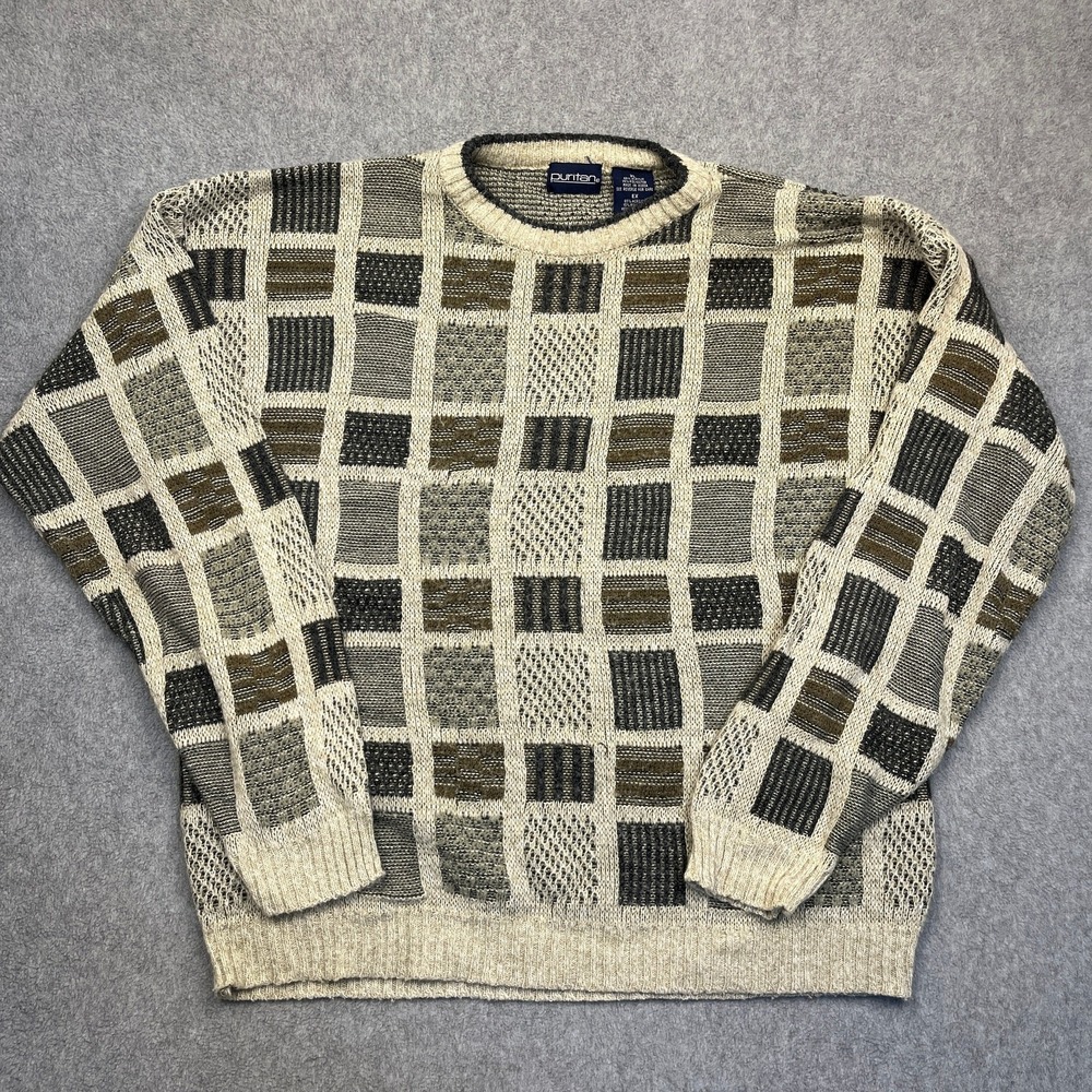 Vintage Puritan Sweater Men's XL Square Pattern Knit Long Sleeve